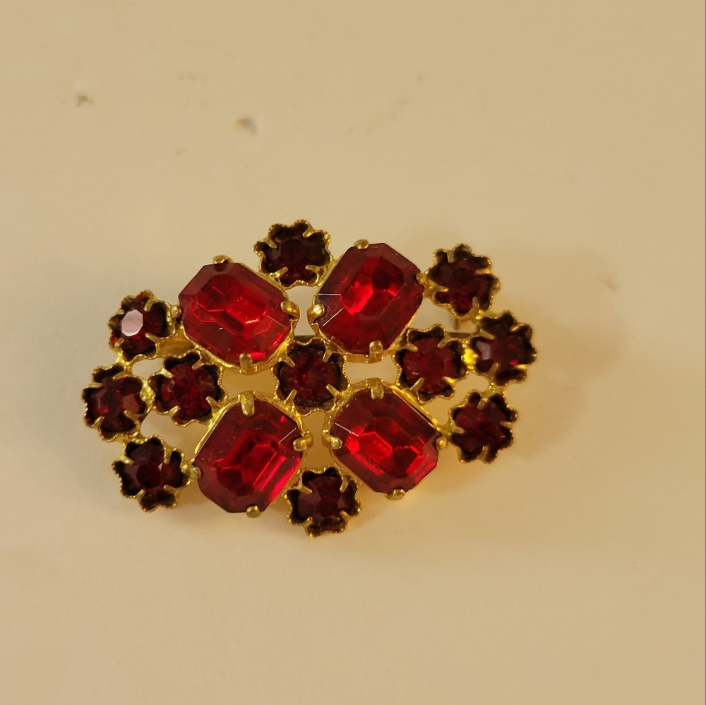 Vintage Czech Crystal Brooch Red Rhinestones